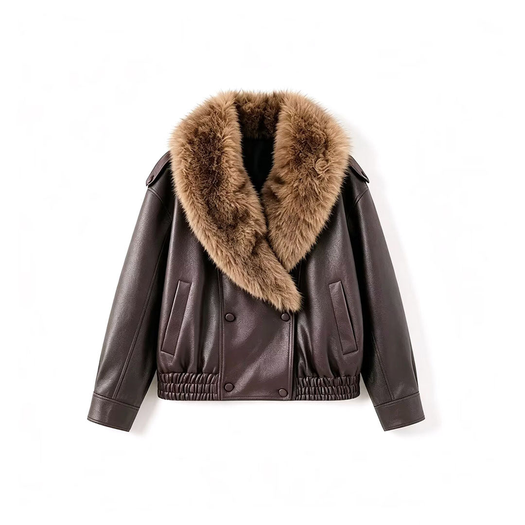 Women's Faux Leather Bomber Jacket with Large Faux Fur Collar Amarae