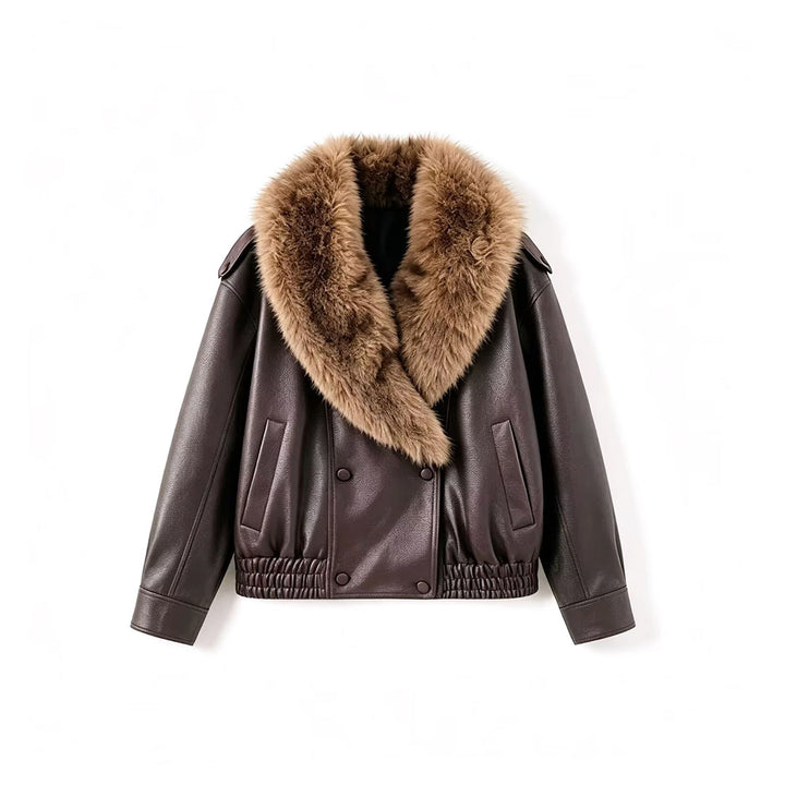 Women's Faux Leather Bomber Jacket with Large Faux Fur Collar Amarae