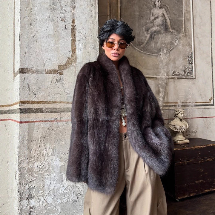 Women Short Fur Coat in Boxy Cut with Voluminous Shawl Collar Amarae
