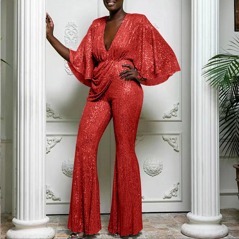 Women Glamorous Jumpsuit with Sparkling Sequins and Wide Leg Lune London