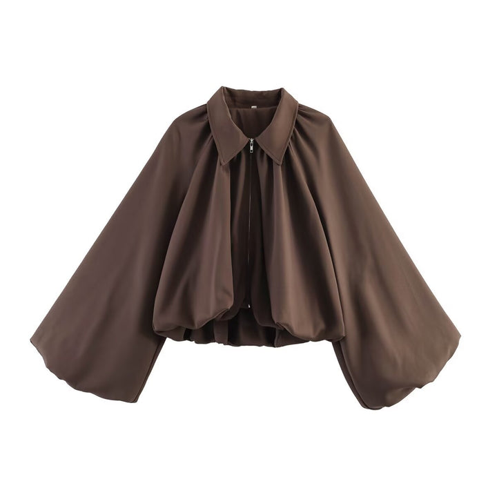 Women Short Cape Jacket with Wide Balloon Sleeves and Zipper Amarae