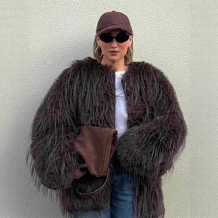 Women's Oversized Faux Fur Coat with Long Pile Shag Look and Boxy Silhouette Amarae