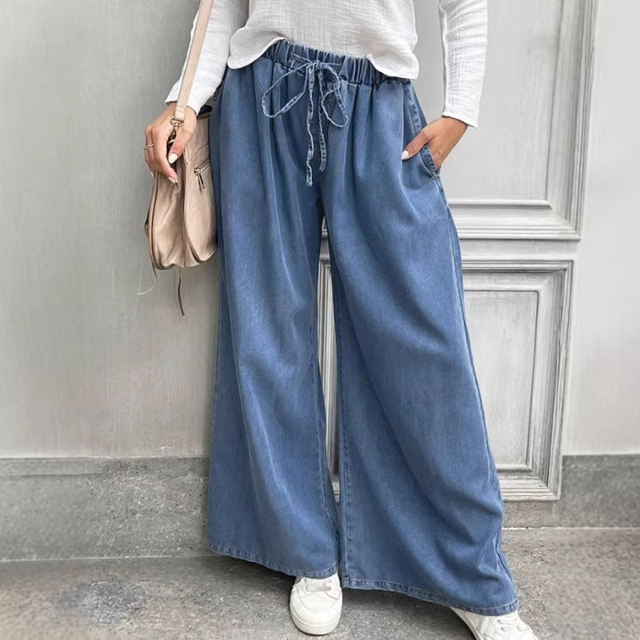 Women's Relaxed Palazzo Jeans with Drawstring Waist, Side Pockets and Extra Wide Leg Amarae