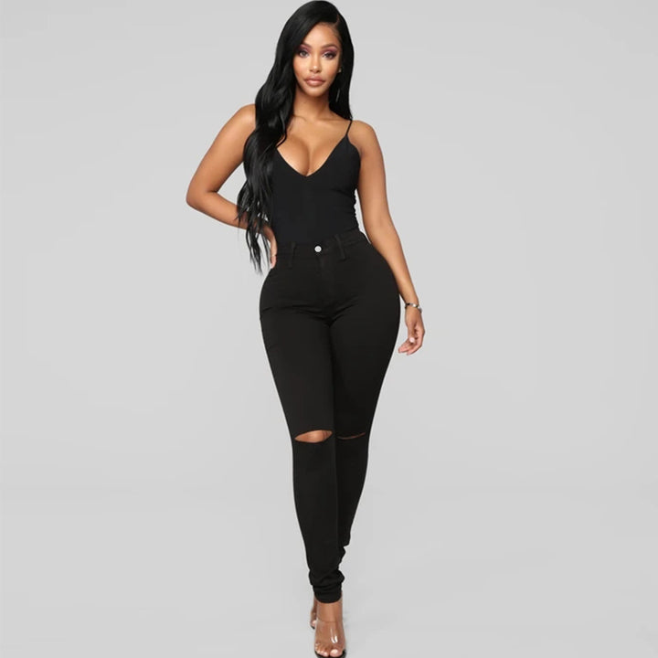 Women's High-Waist Skinny Jeans with Knee Rips and Figure-Flattering Cut Amarae