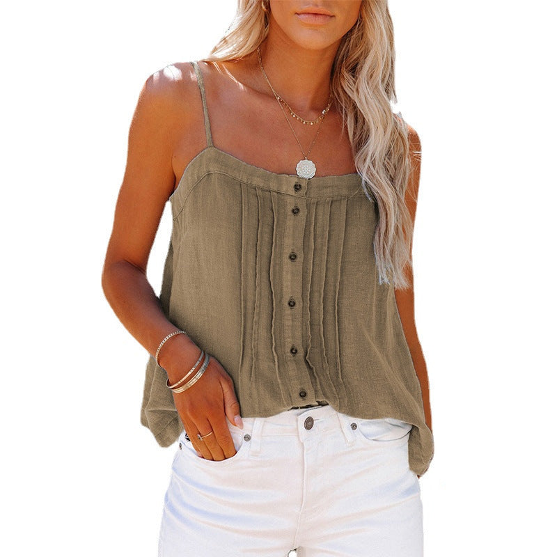 Lightweight women's tank top with spaghetti straps, plaid design and button details Amarae