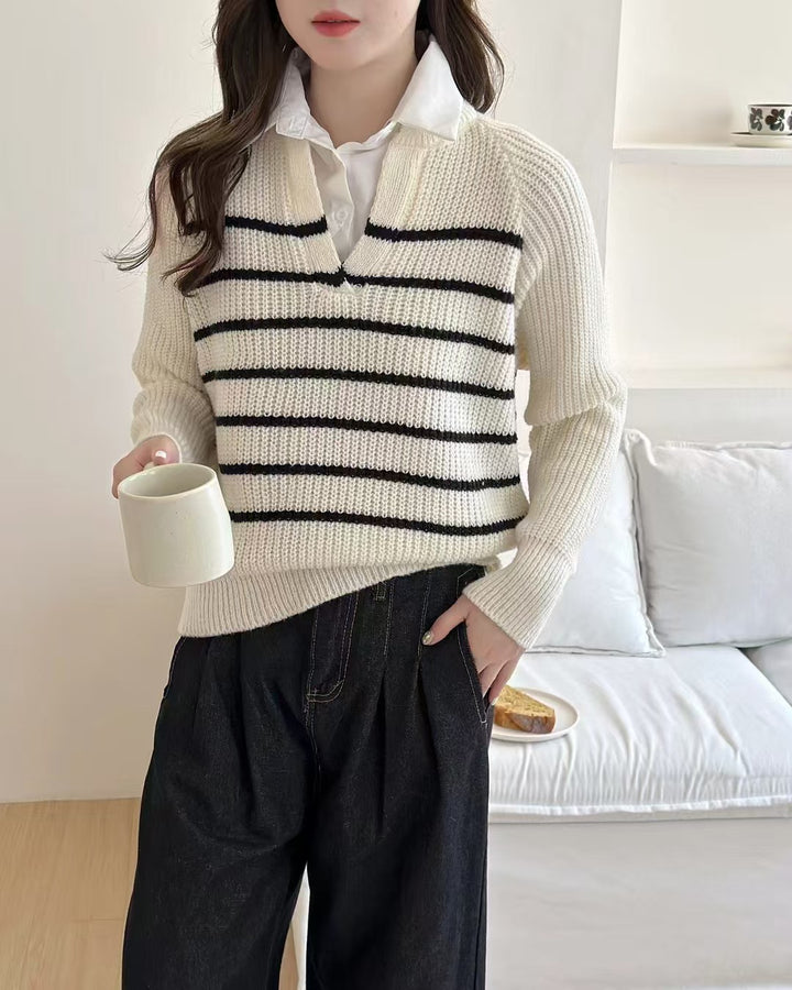 Knit sweater for women with V-neck and striped design Lune London