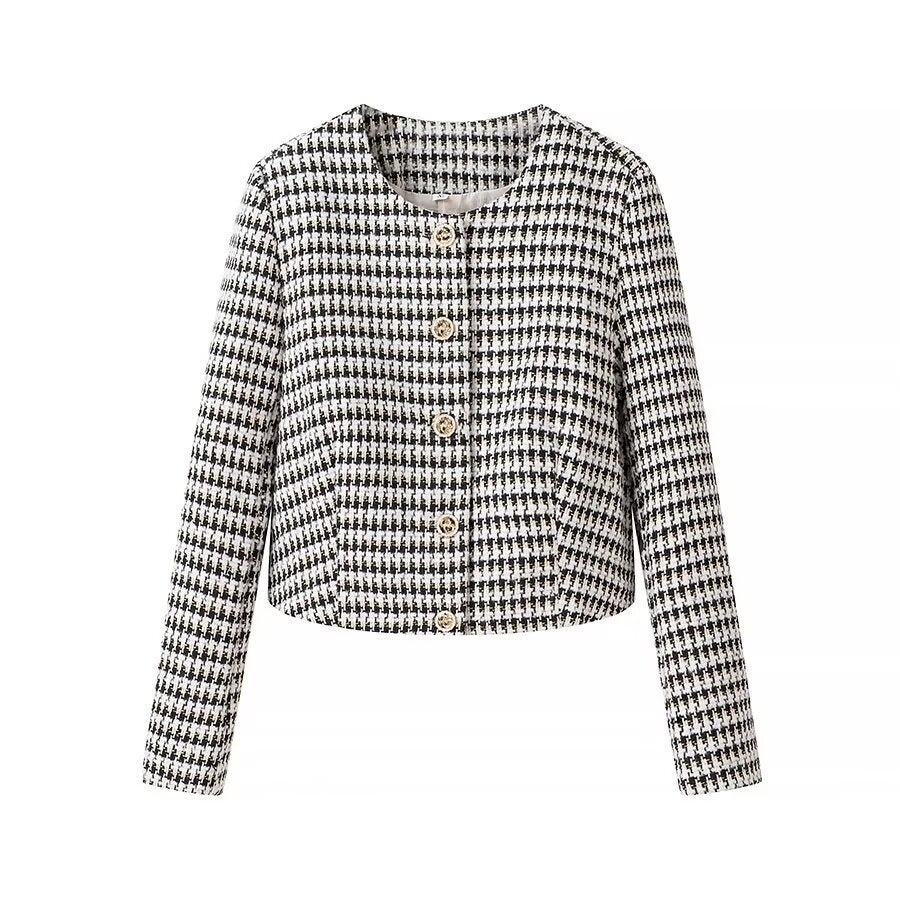 Women Short-Cut Boucle Tweed Blazer with Houndstooth Pattern and Decorative Buttons Amarae
