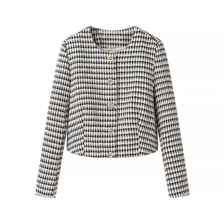 Women Short-Cut Boucle Tweed Blazer with Houndstooth Pattern and Decorative Buttons Amarae