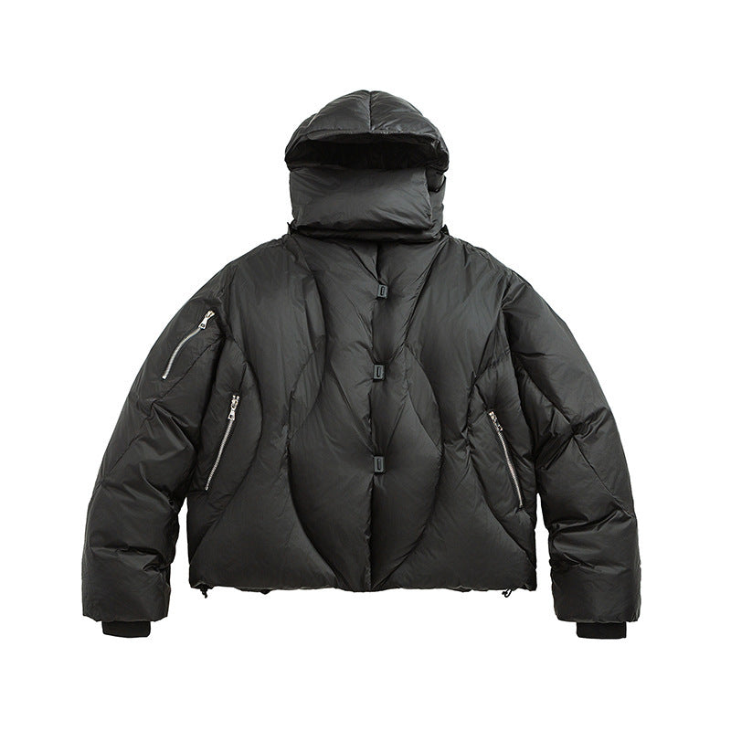 Unisex Short padded puffer jacket with high closing collar, voluminous hood and zippered pockets Amarae