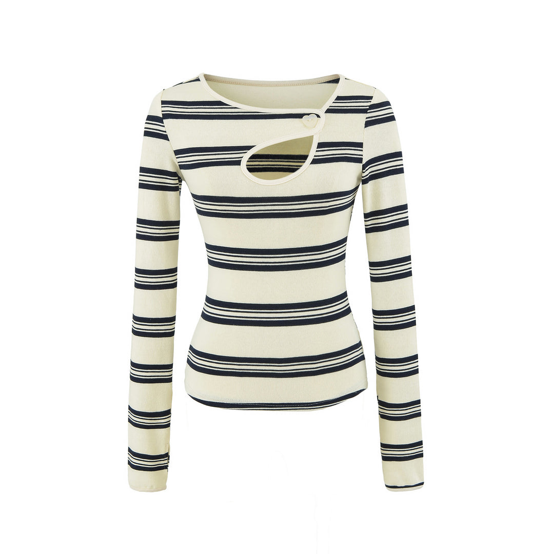 Women's Striped Fine Knit Top with Asymmetric Heart Button Detail