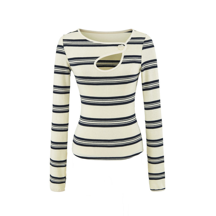 Women's Striped Fine Knit Top with Asymmetric Heart Button Detail