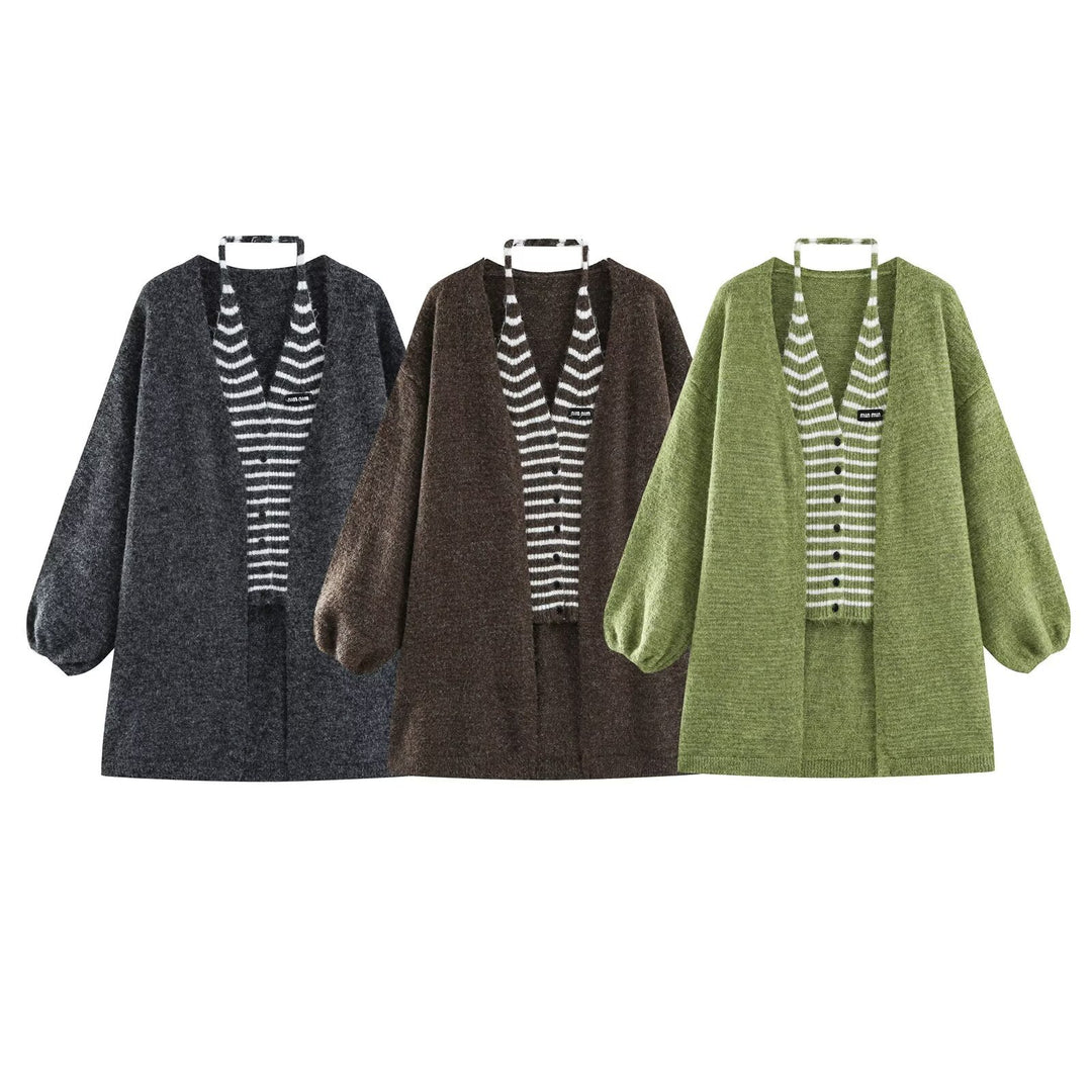 Women's Oversized Knit Cardigan with Balloon Sleeves and Striped Trim Button Placket Amarae