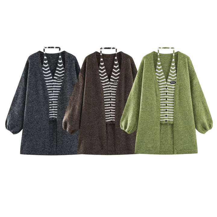 Women's Oversized Knit Cardigan with Balloon Sleeves and Striped Trim Button Placket Amarae