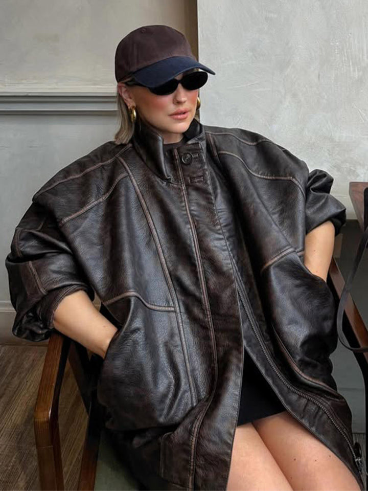 Women Oversize Faux Leather Coat with Distinct Decorative Seams and Stand-Up Collar Amarae