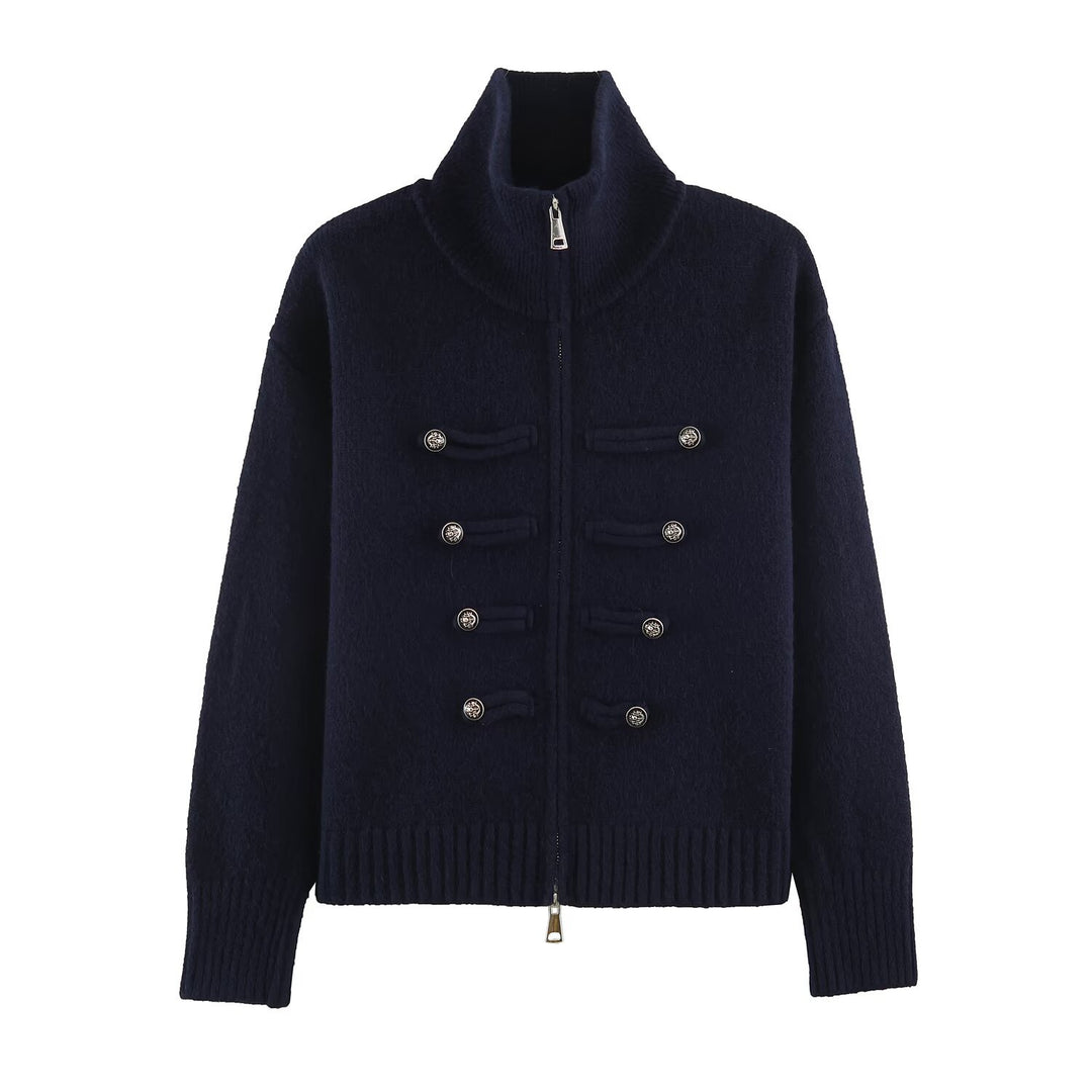 Women's cardigan with zipper, high stand-up collar, and decorative button plackets Amarae
