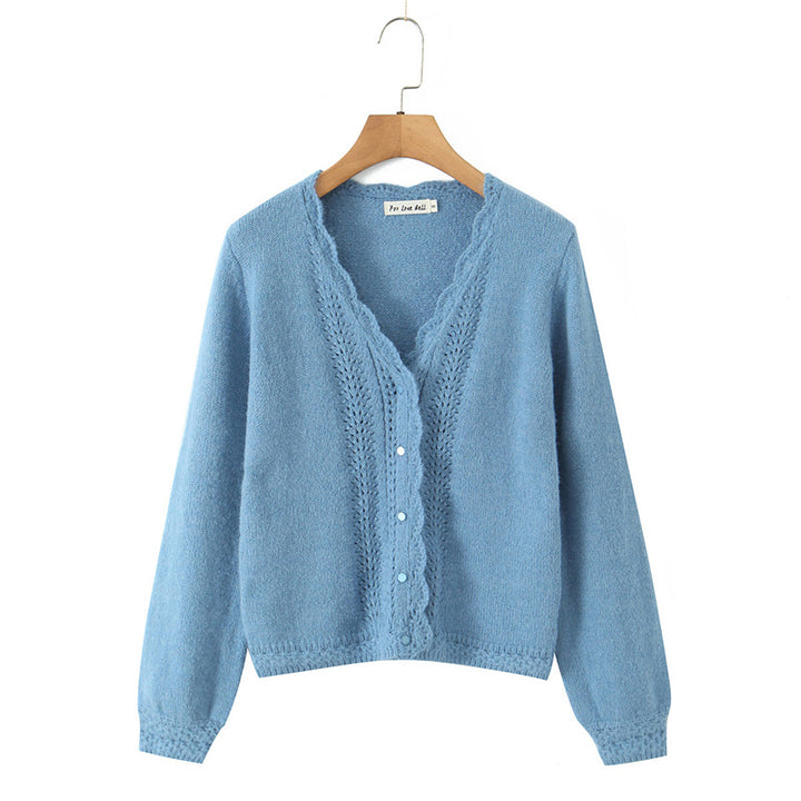 Women's knitted jacket with romantic openwork patterns and Lune London button details