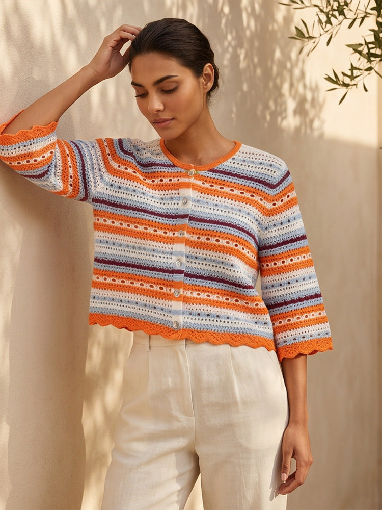 Women crocheted short jacket with shell hem, 3/4 sleeves & fine lace pattern Amarae