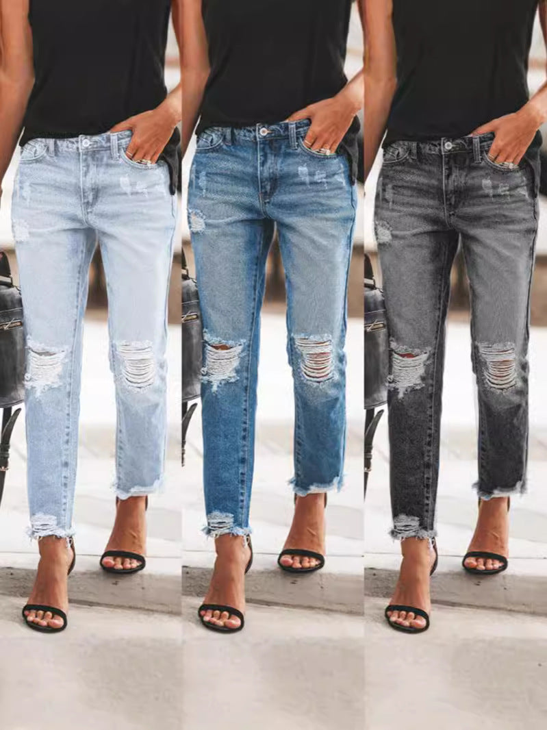 Women’s Ripped Denim Jeans with Casual Cut and Frayed Hem Lune London