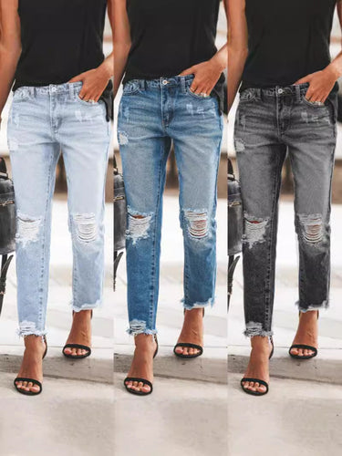 Women’s Ripped Denim Jeans with Casual Cut and Frayed Hem Amarae