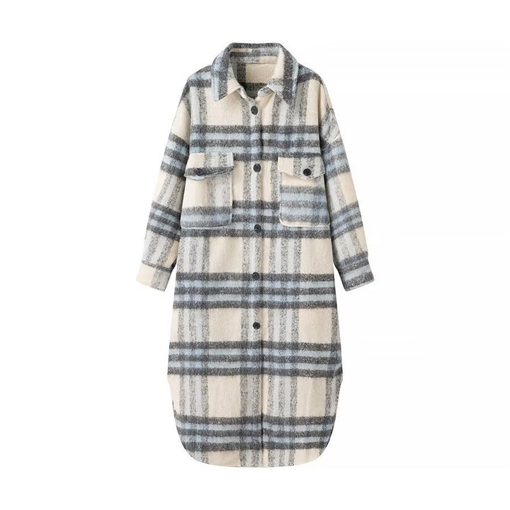 Women’s Oversize Checked Teddy Longline Shirt Coat with Applied Breast Pockets Amarae
