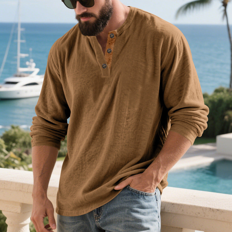 Men's long sleeve Henley shirt with textured fabric and trendy button details Lune London