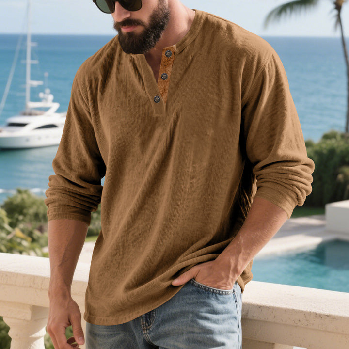Men's long sleeve Henley shirt with textured fabric and trendy button details Lune London