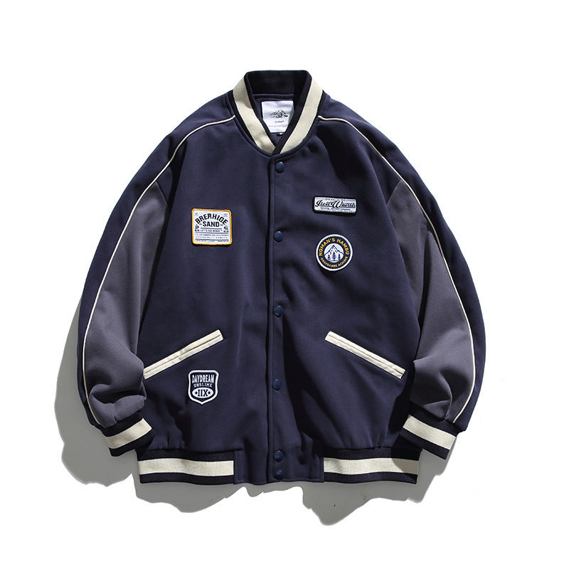 Unisex Boxy College Bomber Jacket with Badge Applications and Contrasting Ribbed Cuffs Amarae