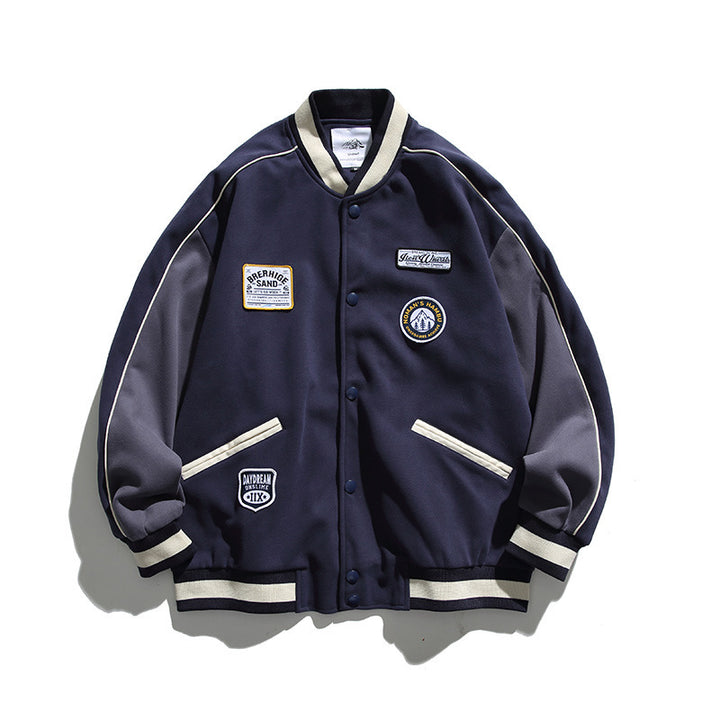 Unisex Boxy College Bomber Jacket with Badge Applications and Contrasting Ribbed Cuffs Amarae