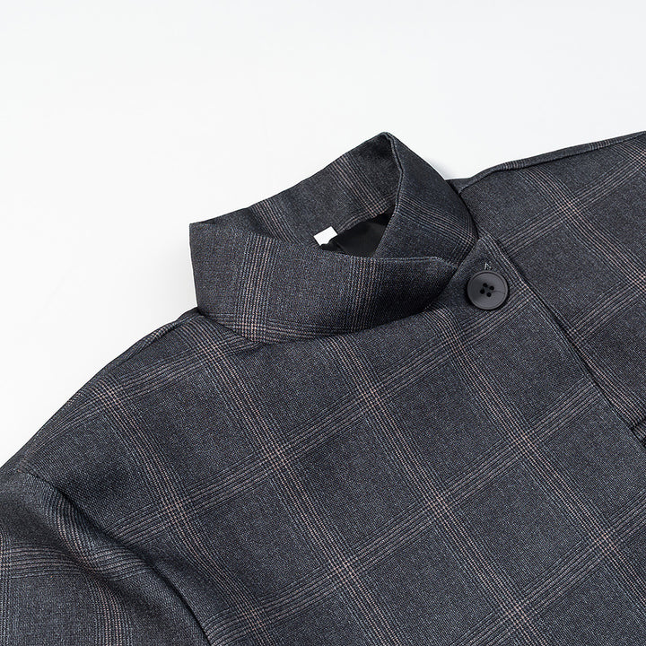 Men's Asymmetrical Stand Collar Blazer with Check Pattern and Hidden Button Placket Amarae