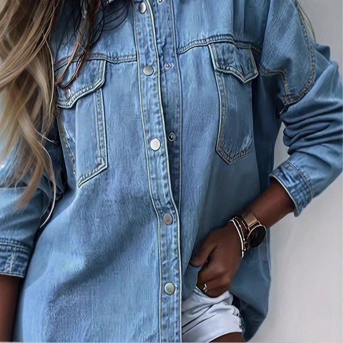 Women's Oversize Denim Shirt Jacket with Fringe Hem, Chest Pockets and Destroyed Detail Amarae