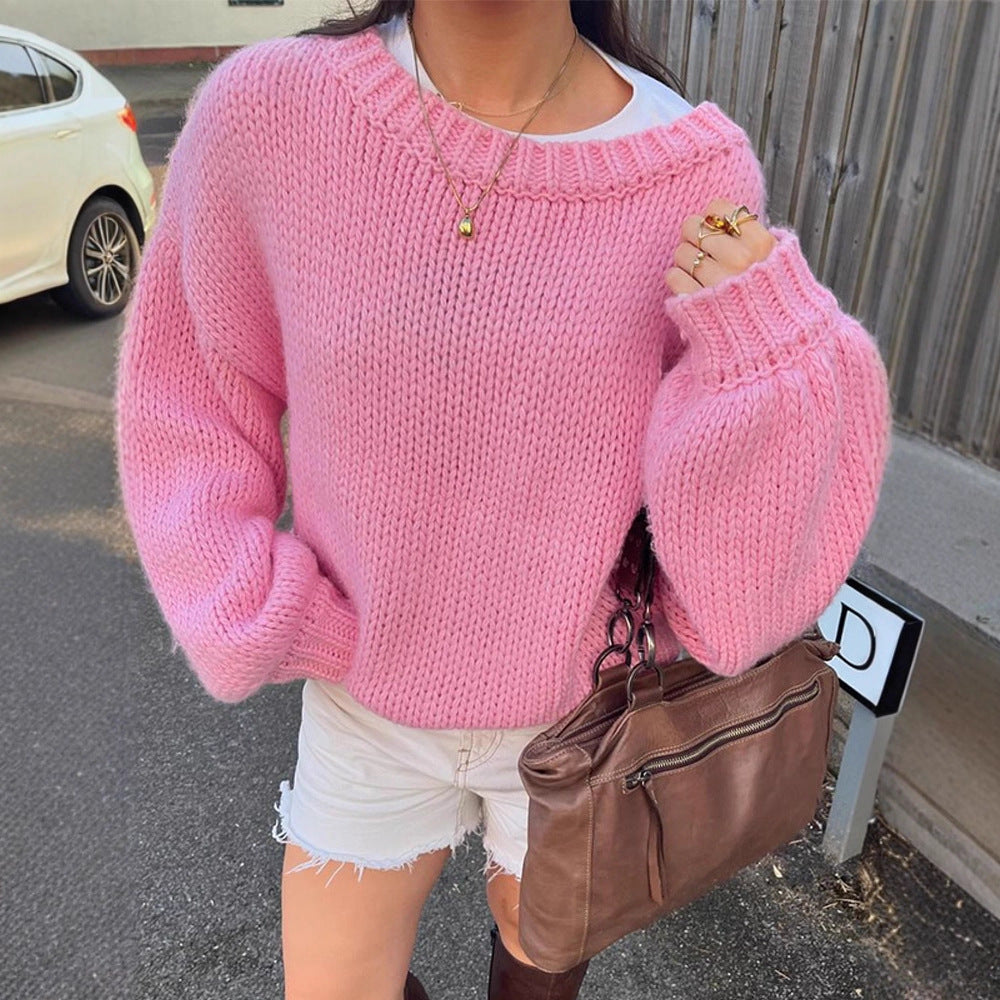 Women Oversize Chunky Knit Sweater with Balloon Sleeves and Wide Ribbed Collar Amarae