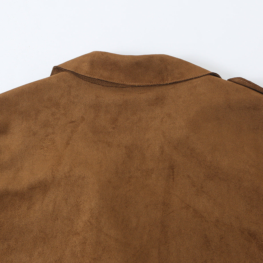 Women's Tailored Short Trench in Suede Look with Double-Breasted Button Placket and Epaulettes Amarae