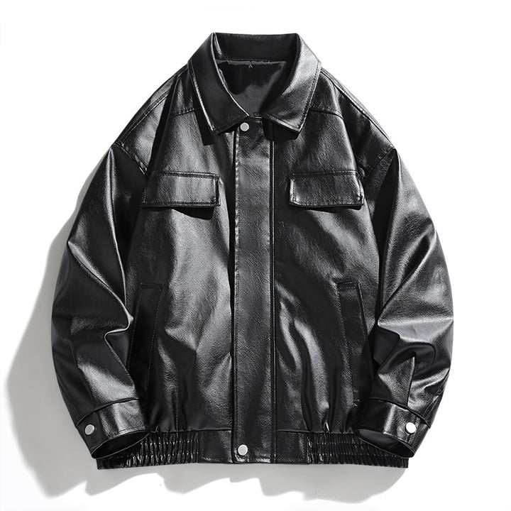 Fashionable synthetic leather jacket for men with large collar and practical pockets Lune London