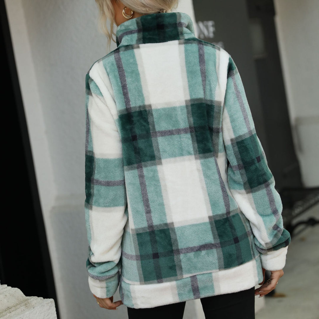 Fleece jacket for women with a modern plaid pattern and a high collar Lune London