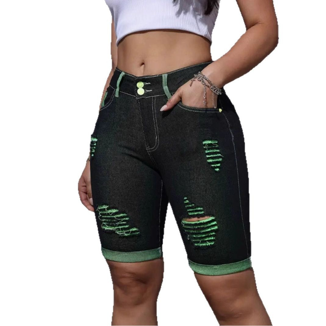 High-waisted distressed denim shorts for women with neon accents Chic & Stil