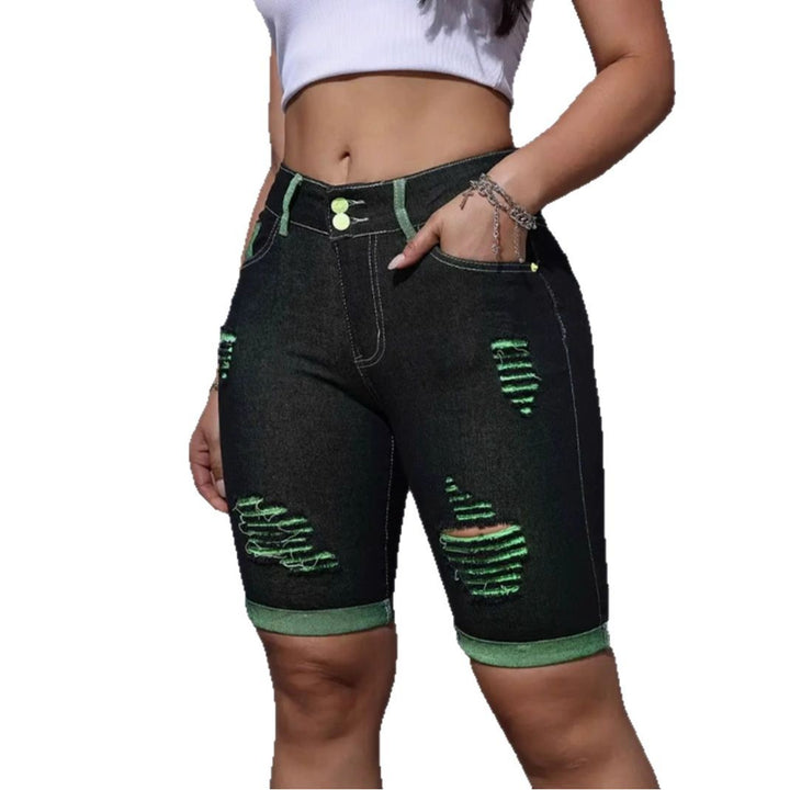 High-waisted distressed denim shorts for women with neon accents Chic & Stil