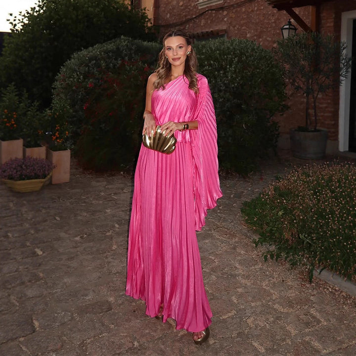 Women One-Shoulder Pleated Maxi Dress with Draped Top and Flowing Ruffle Skirt Amarae