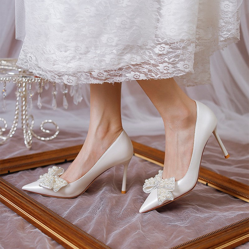 Ladies high-quality wedding pumps with beaded appliqué and refined bow detail Lune London