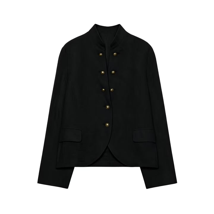 Women Tailored Stand Collar Blazer with Decorative Metal Buttons Amarae