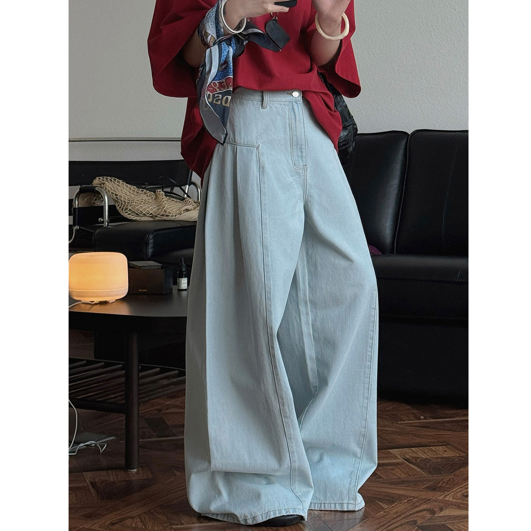Women High-Waisted Oversize Palazzo Jeans with Deep Crotch and Distinctive Vertical Seam Amarae