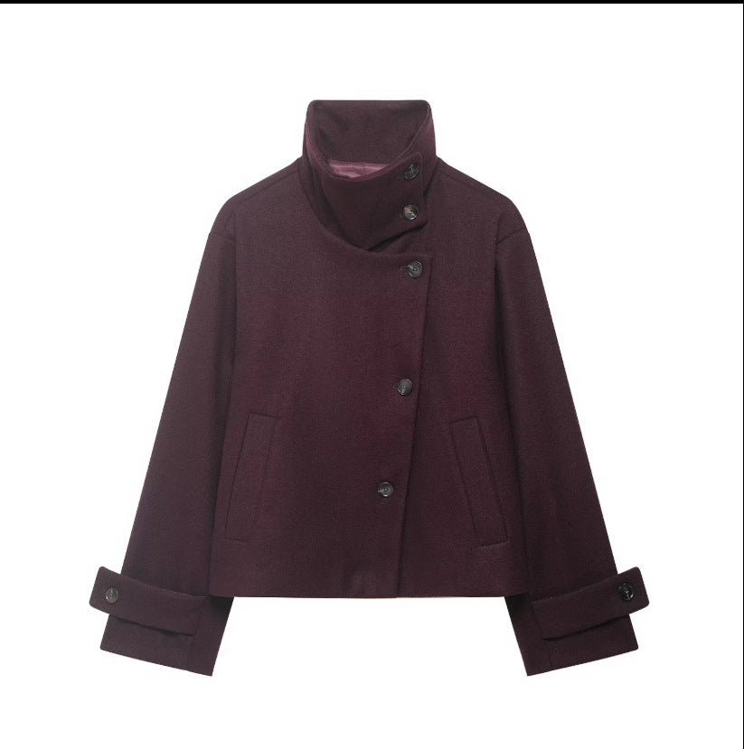 Women's Cropped Wool Blend Short Jacket with High Stand Collar, Asymmetric Button Placket and Cuffed Sleeves Amarae