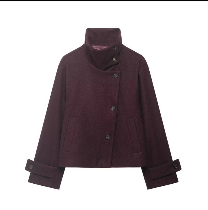 Women's Cropped Wool Blend Short Jacket with High Stand Collar, Asymmetric Button Placket and Cuffed Sleeves Amarae