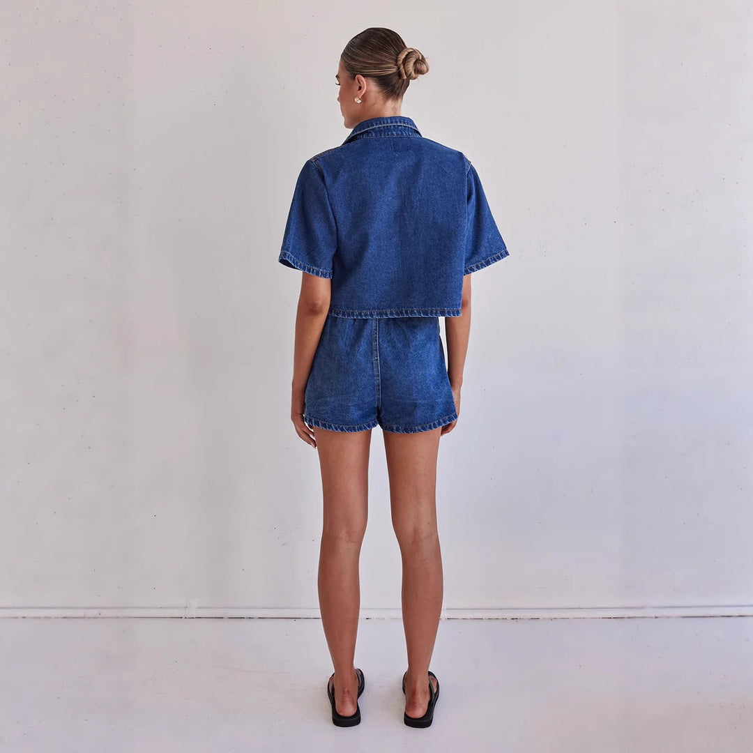 Women Denim Short Jacket with Matching Skirt in Casual Style Lune London