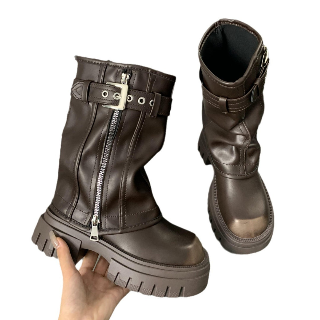 Women’s Mid-Calf Biker Boots with Zipper, Buckle Strap, and Chunky Platform Sole Amarae