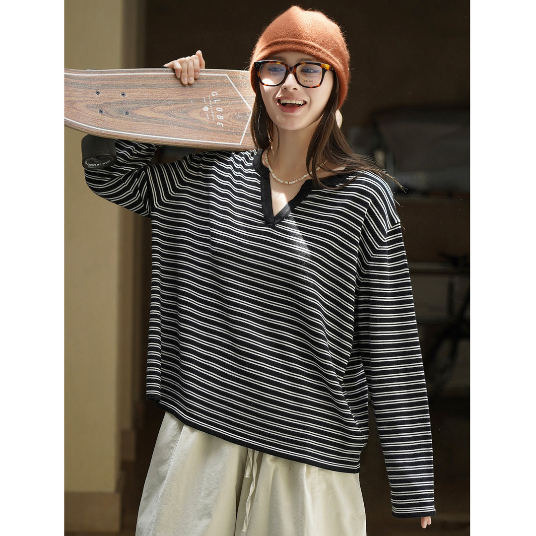 Women Striped Oversize Long Sleeve Shirt with V-Neck and Casual Silhouette Amarae