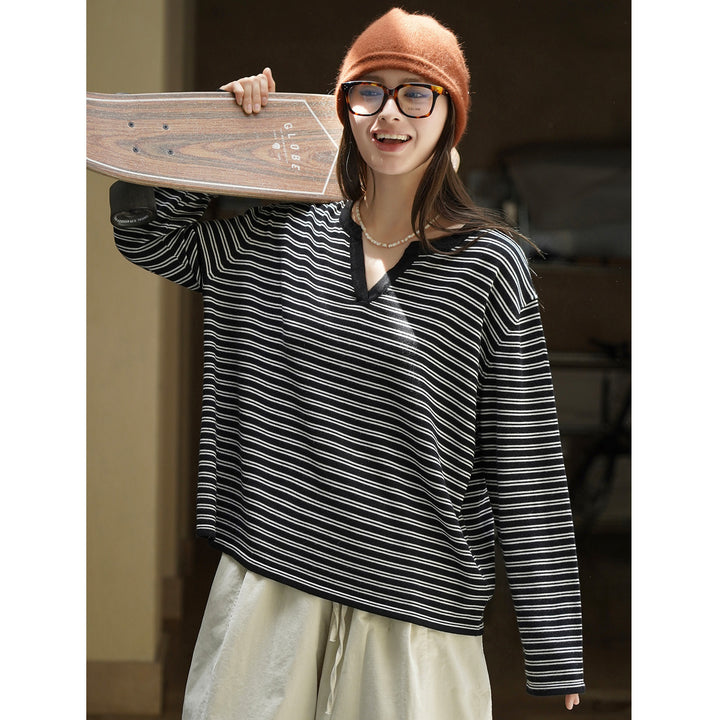 Women Striped Oversize Long Sleeve Shirt with V-Neck and Casual Silhouette Amarae