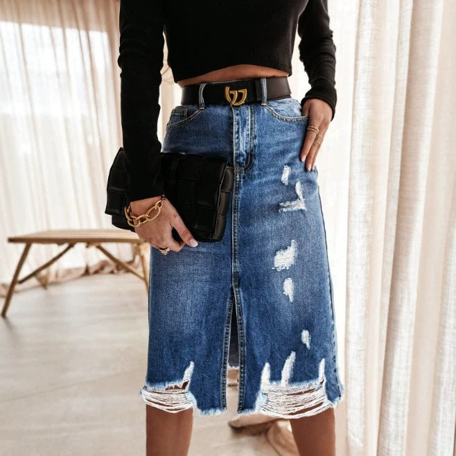Women's High-Waisted Destroyed Denim Midi Skirt with Center Front Slit and Frayed Hem Amarae