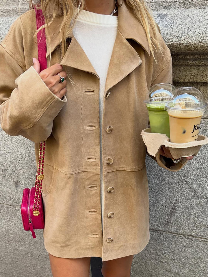 Women's short coat in suede look with boxy silhouette, horn button front & patch pockets Amarae