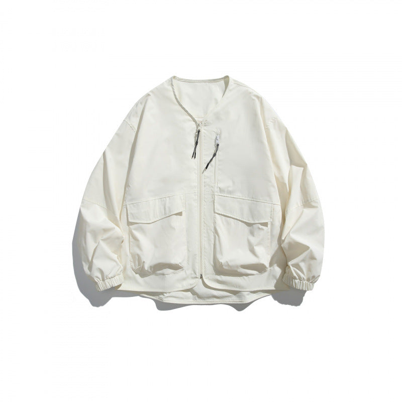 Unisex Lightweight Oversize Utility Jacket without Collar with Front Zipper and Patch Pockets Amarae