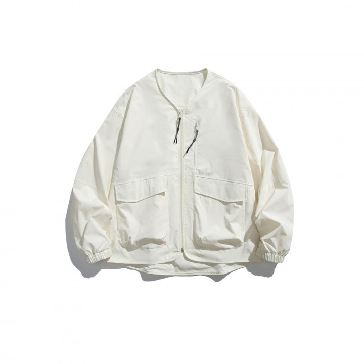 Unisex Lightweight Oversize Utility Jacket without Collar with Front Zipper and Patch Pockets Amarae